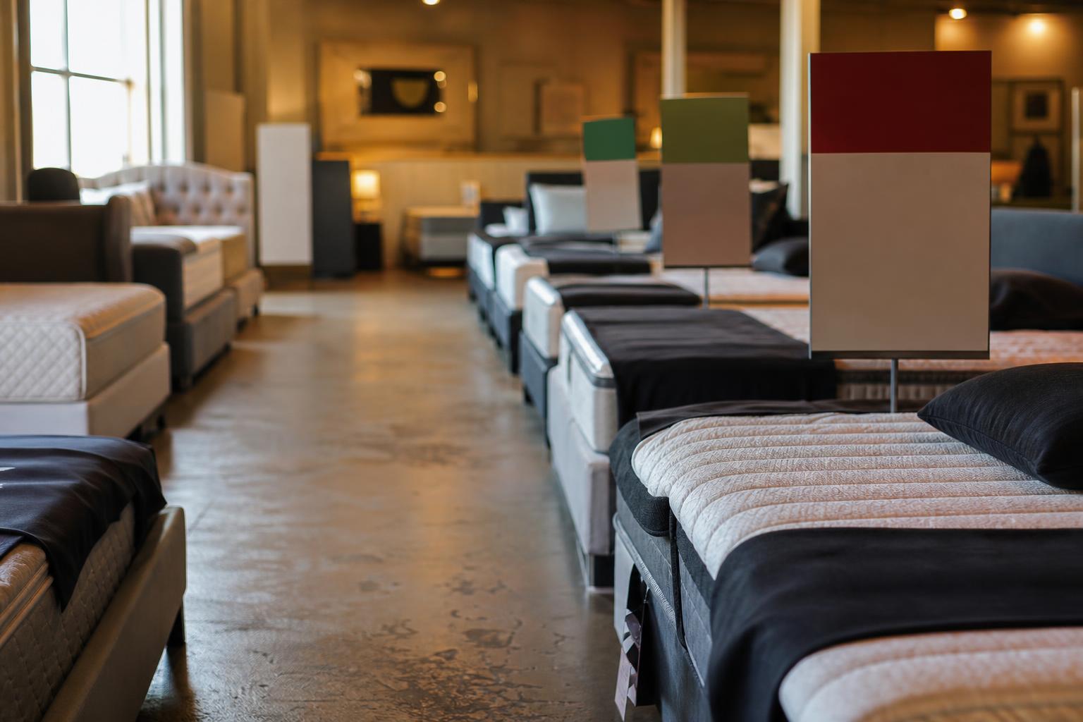 Rows of mattresses with pillows and signs line a showroom floor