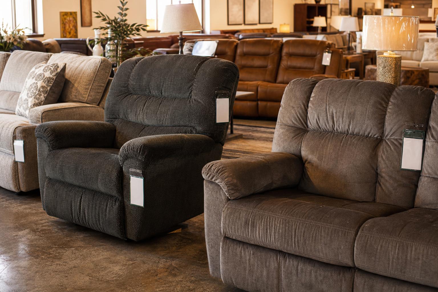 Recliners and sofas with hanging tags are displayed in a furniture showroom