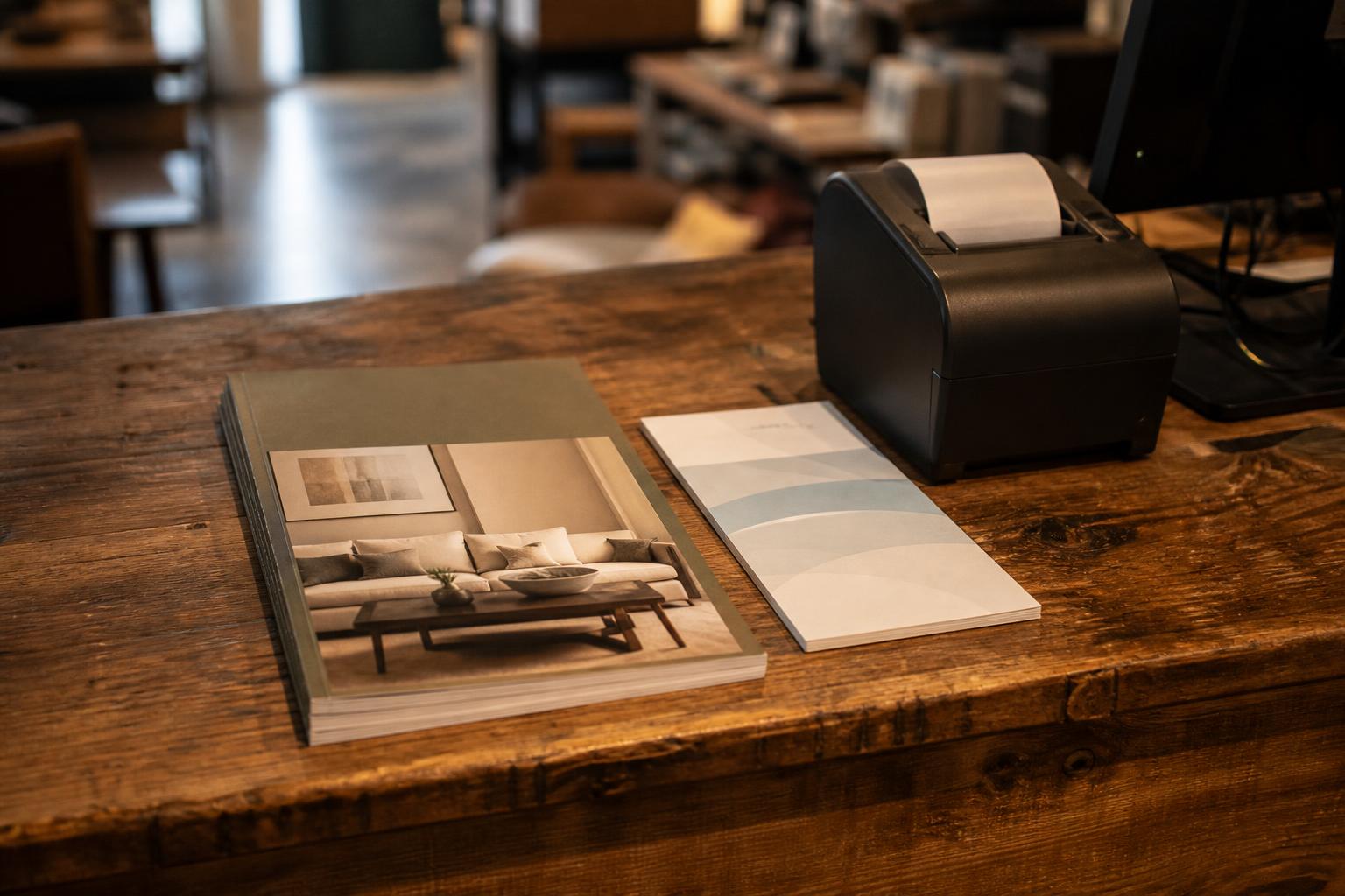 Catalogs, brochure, receipt printer, and monitor sit on a wooden counter