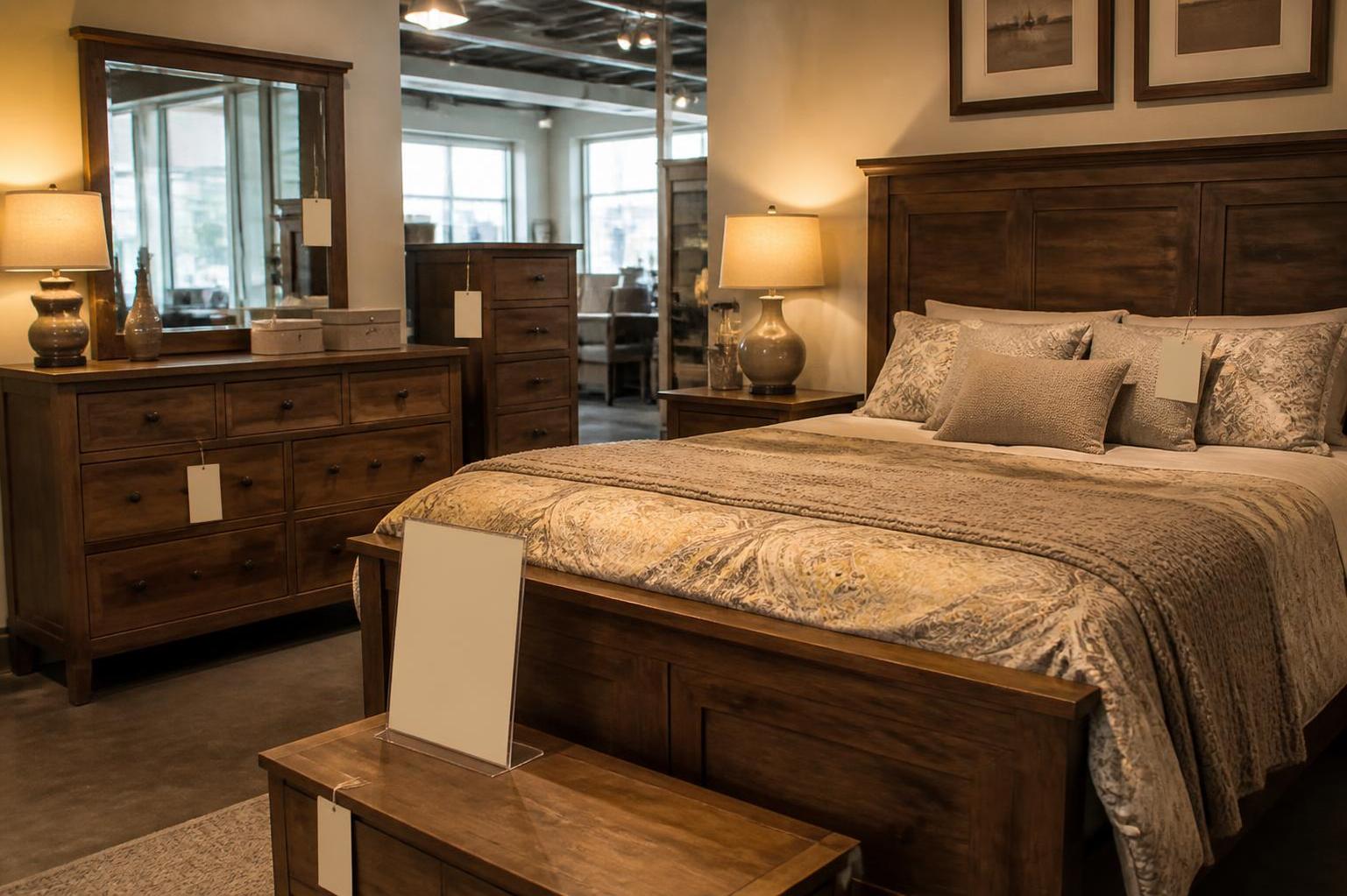 Bedroom set with wooden bed, dresser, mirror, lamps, and hanging tags