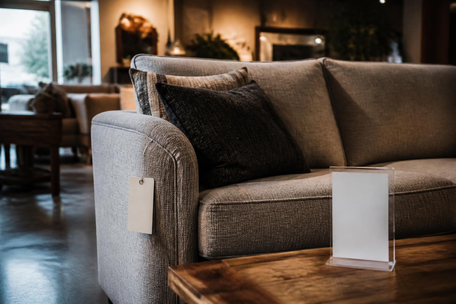 Gray sofa with pillows and tag sits beside a wooden table display