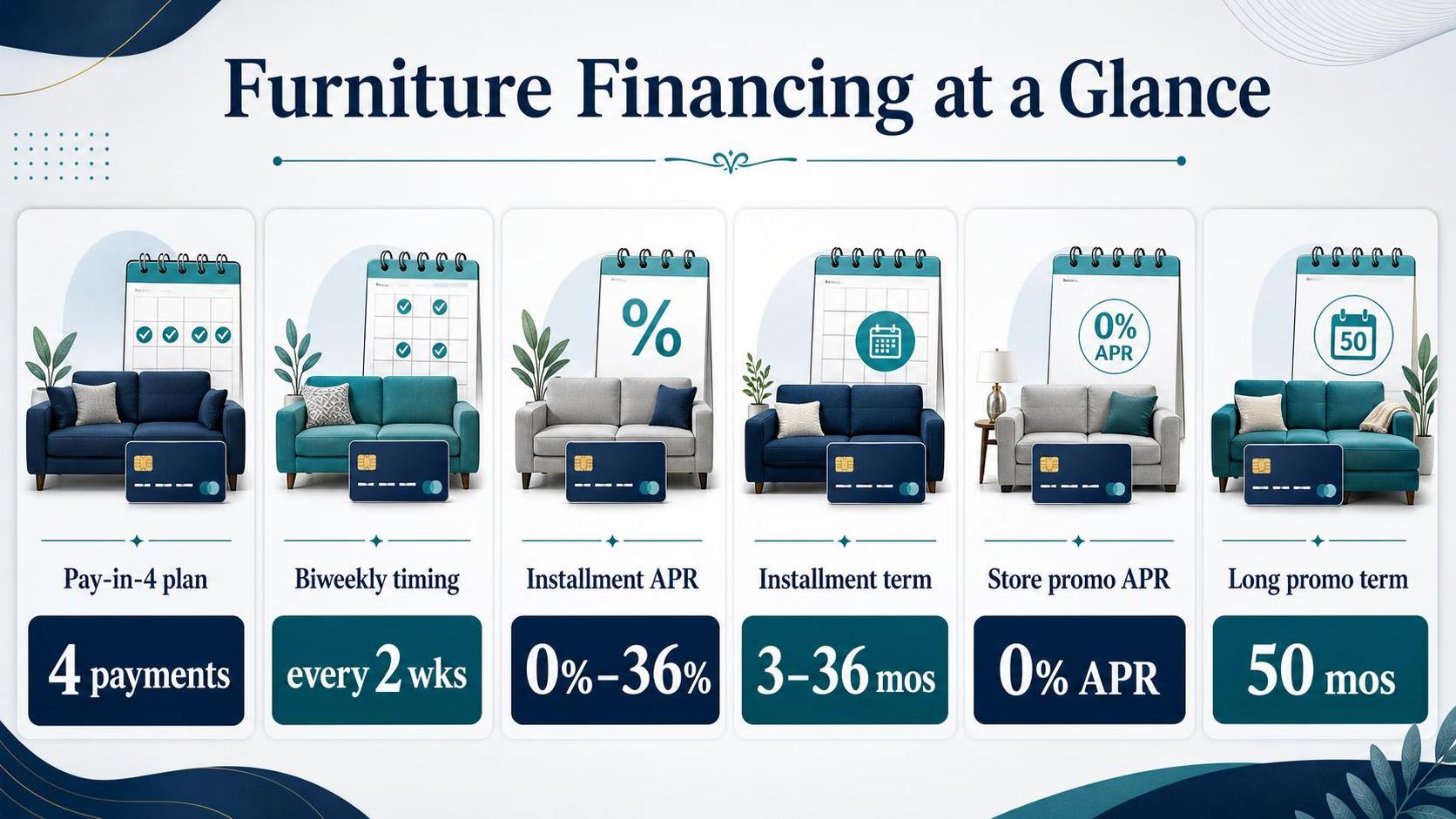 Infographic shows furniture financing terms with sofas, calendars, cards, and payment figures