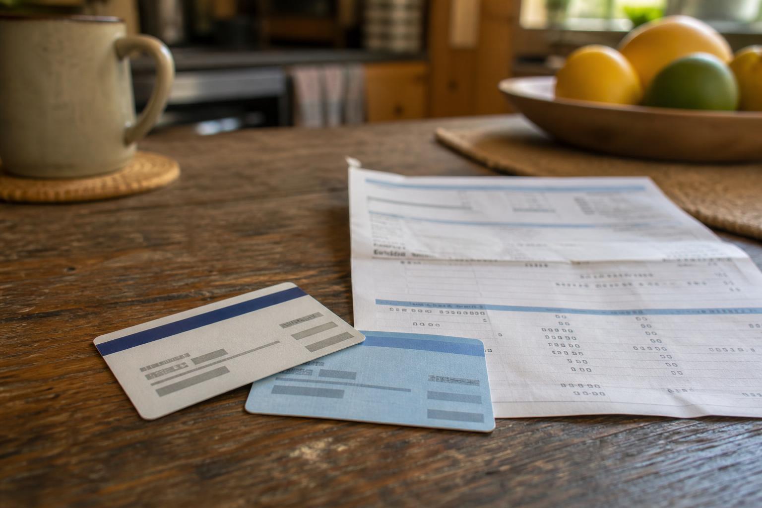 Two cards and papers lie on a wooden kitchen table near fruit