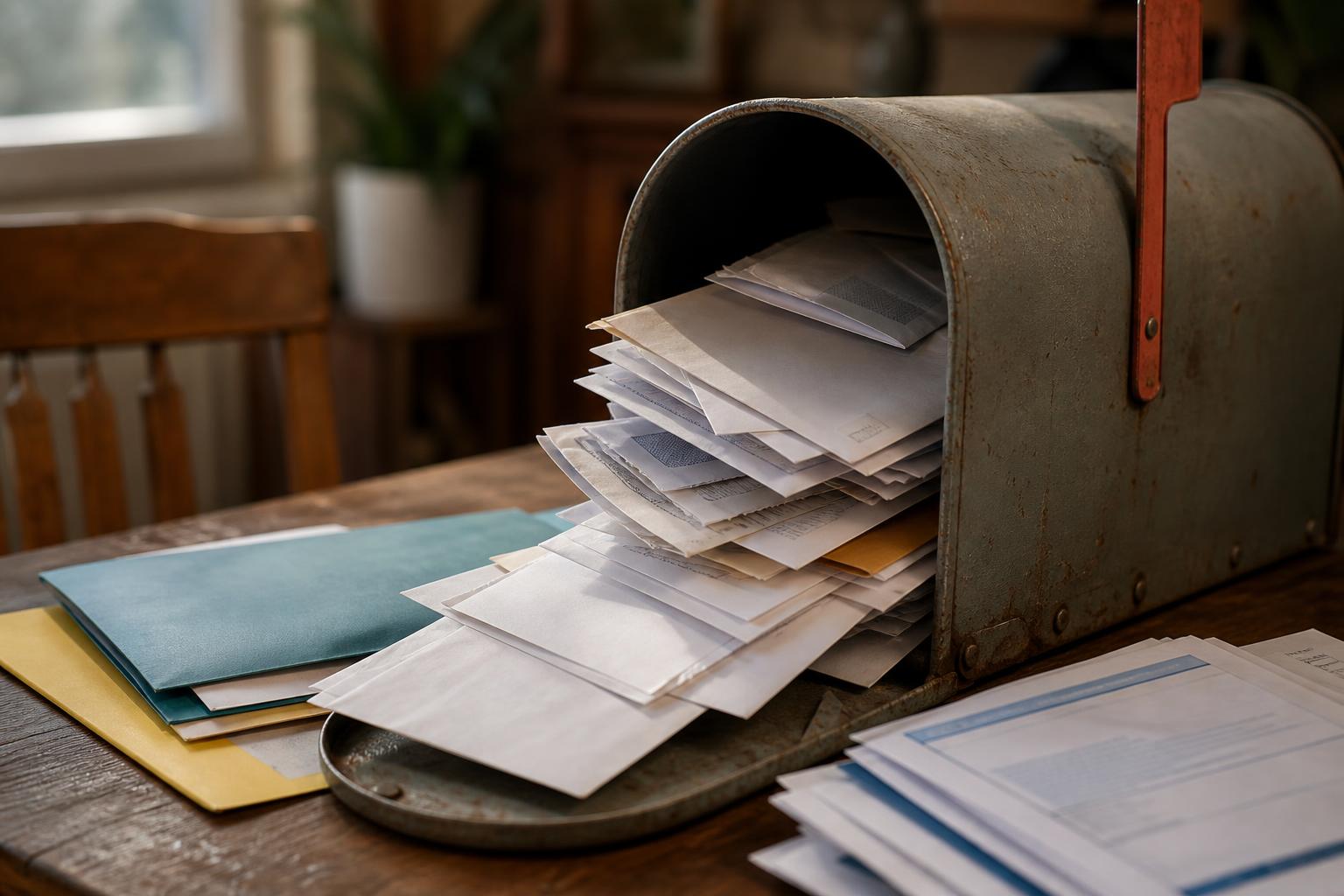 A metal mailbox holds many envelopes on a wooden table indoors