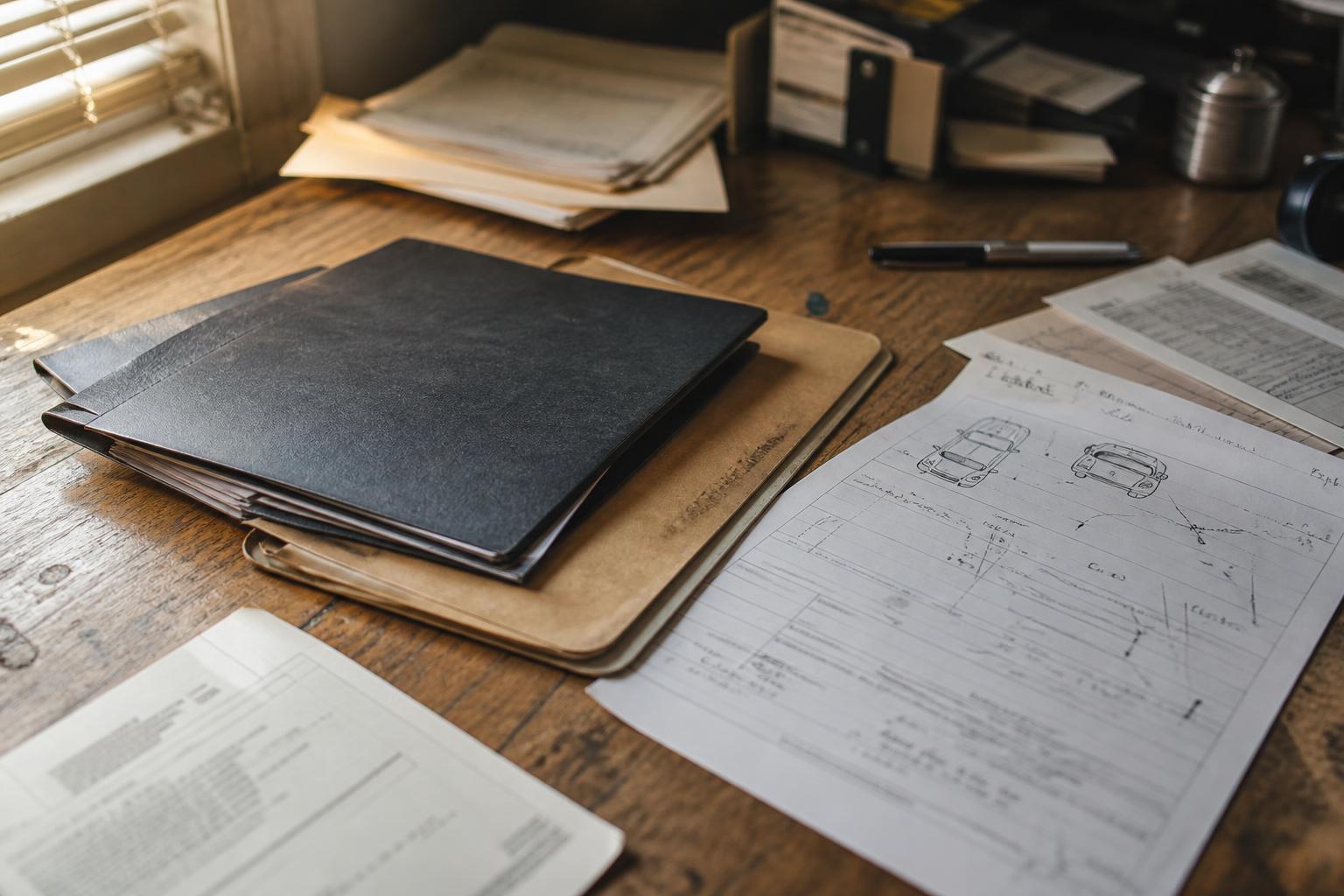 Folders, papers, and a pen sit on a wooden desk by blinds