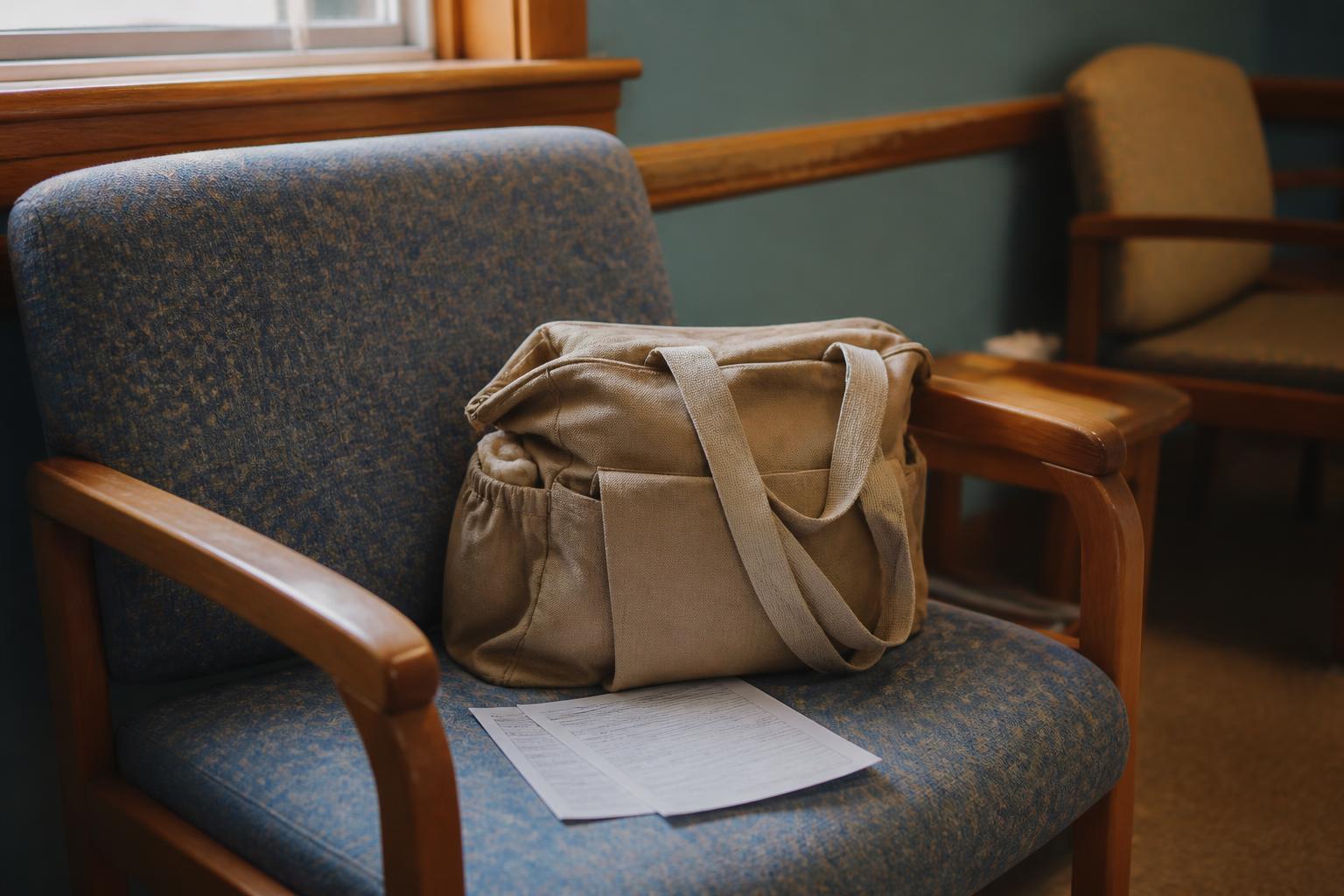 A tan bag and paper rest on a blue upholstered waiting-room chair