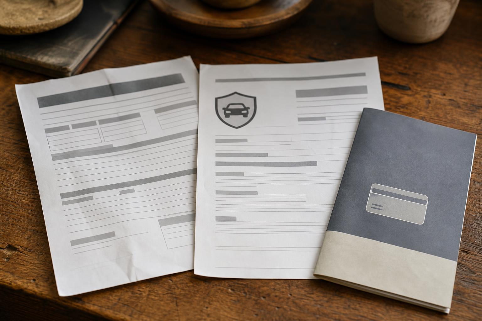 Two printed forms and a booklet lie on a wooden table
