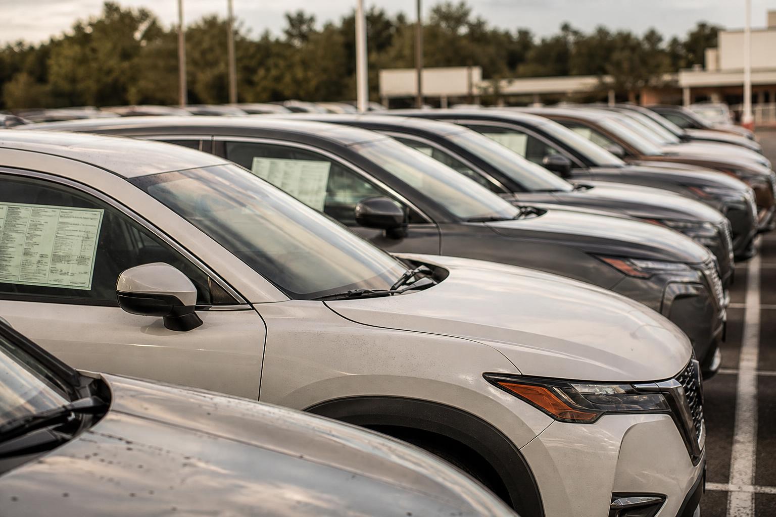 Rows of parked cars fill an outdoor dealership lot at dusk
