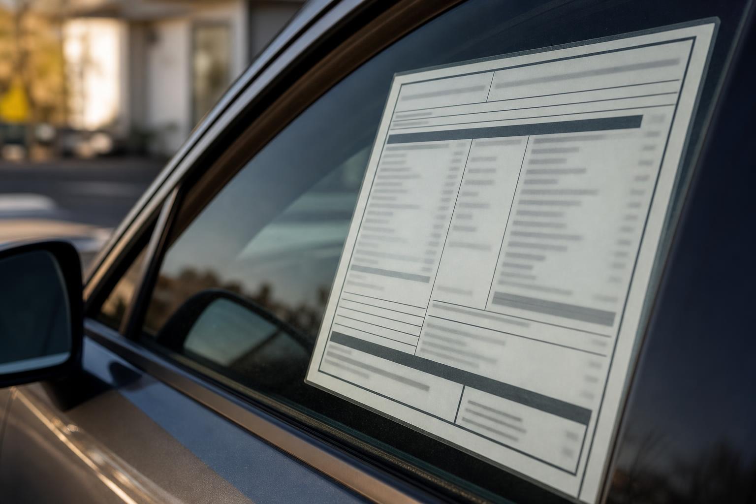 A window sticker is attached to a car side window outdoors