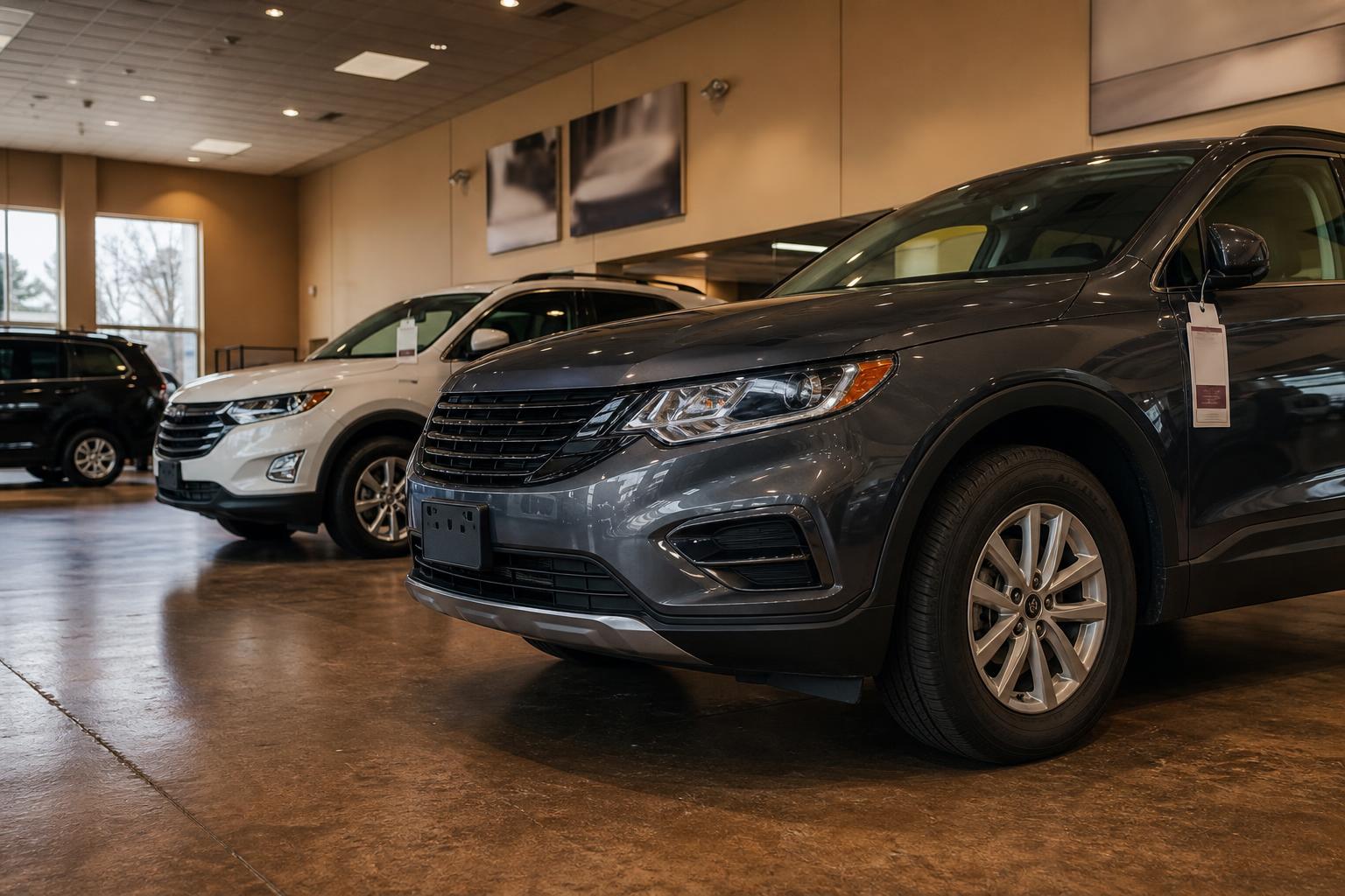 Several SUVs are displayed inside a showroom with ceiling lights and windows