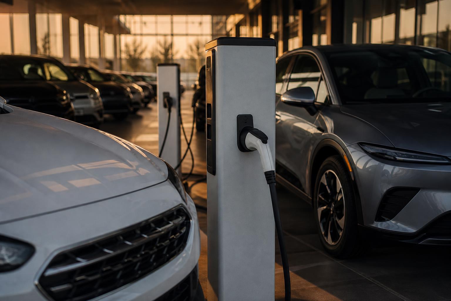 Electric vehicle charging stations stand between parked cars inside a glass-walled area