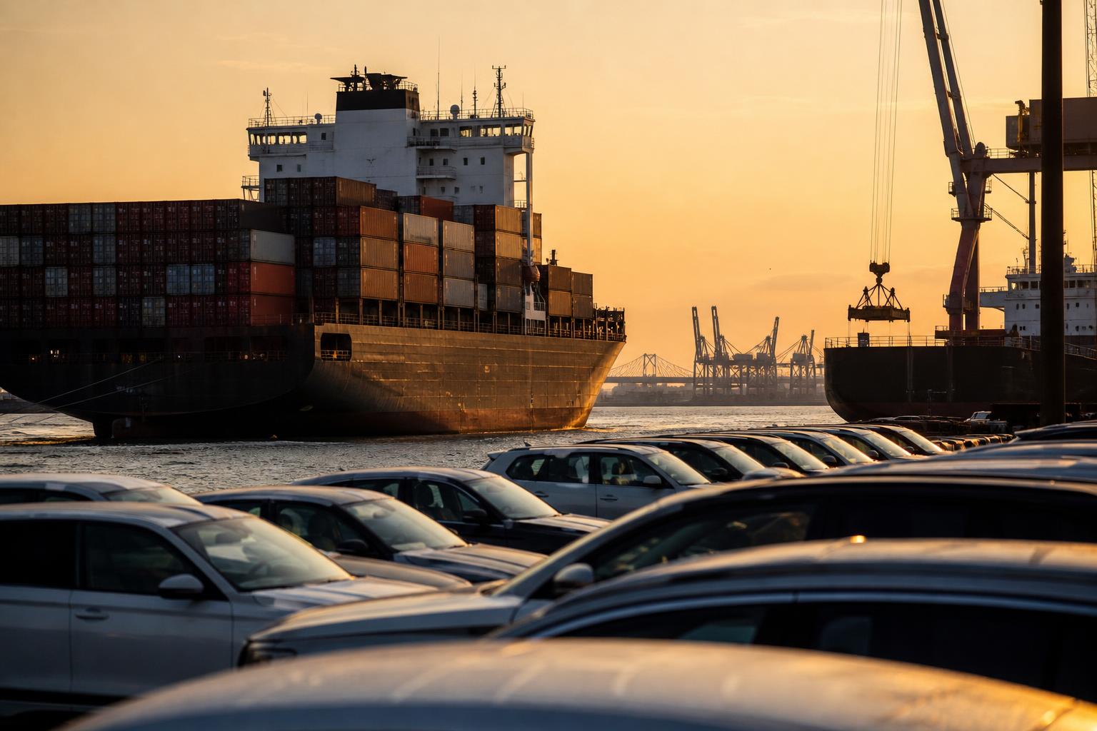 Cargo ships, cranes, and parked cars appear at a port during sunset