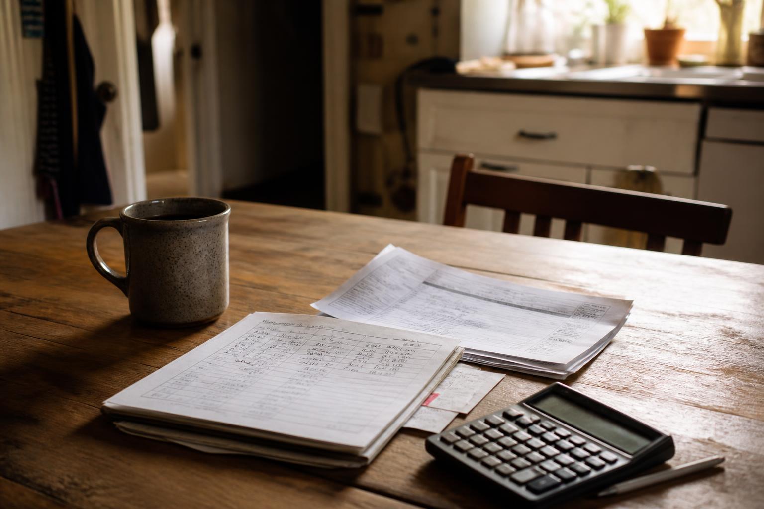 A mug, papers, notebook, calculator, and pen sit on a wooden kitchen table