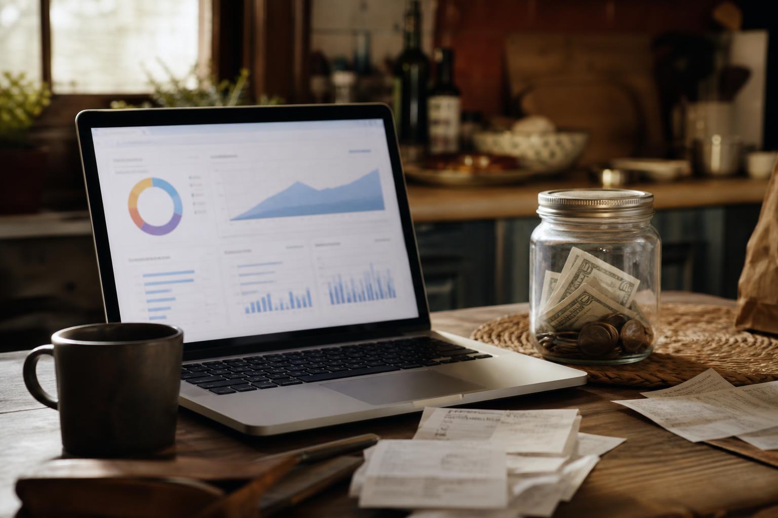 A laptop displays charts beside a money jar, receipts, and a mug on a table