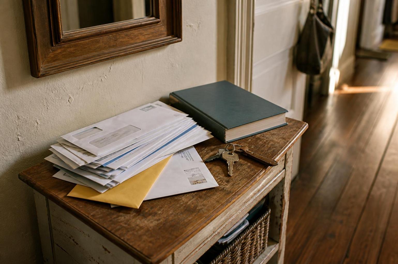 A stack of envelopes, book, wallet, and keys rest on a wooden entryway table
