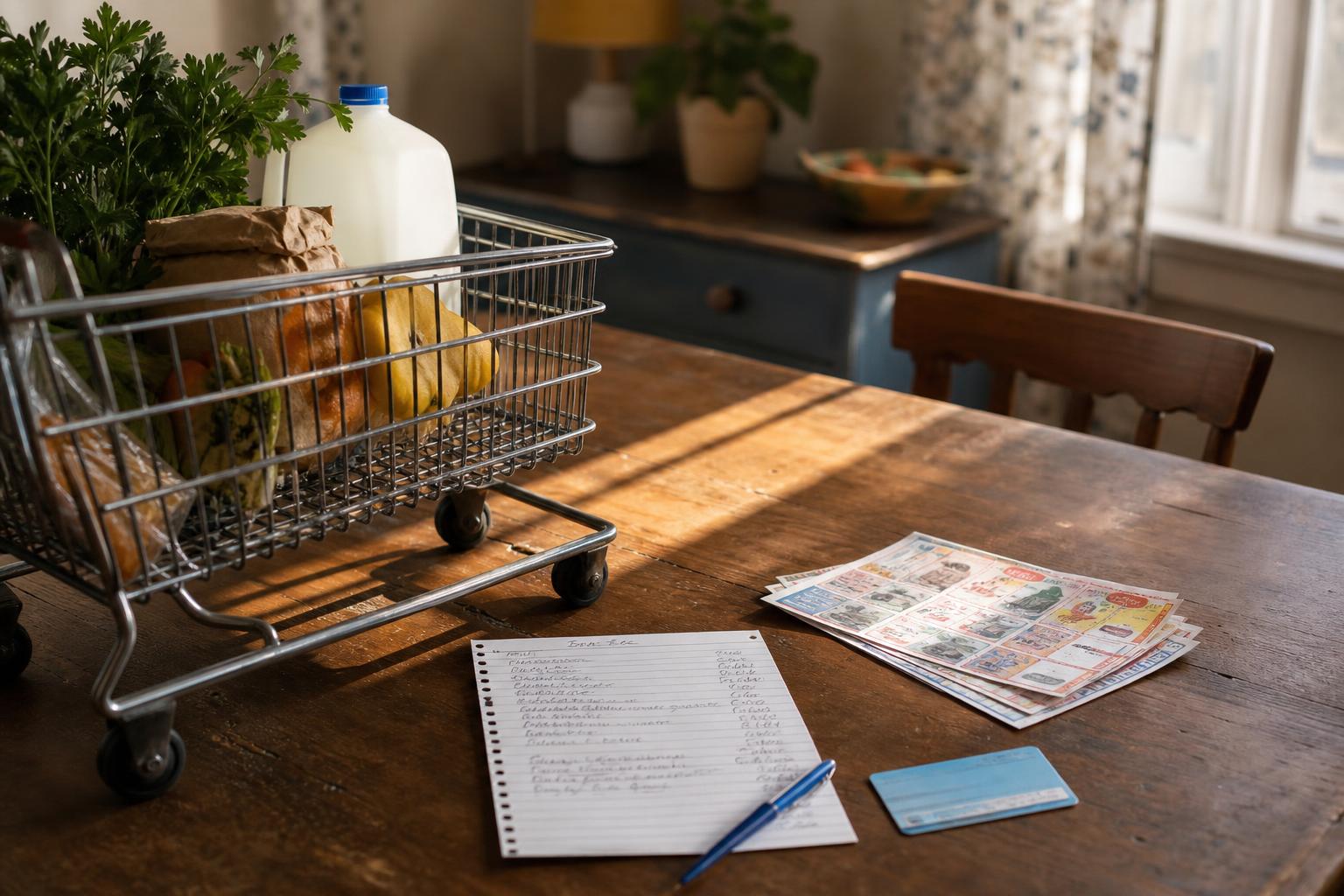 A grocery cart with food sits near a handwritten list, coupons, and card