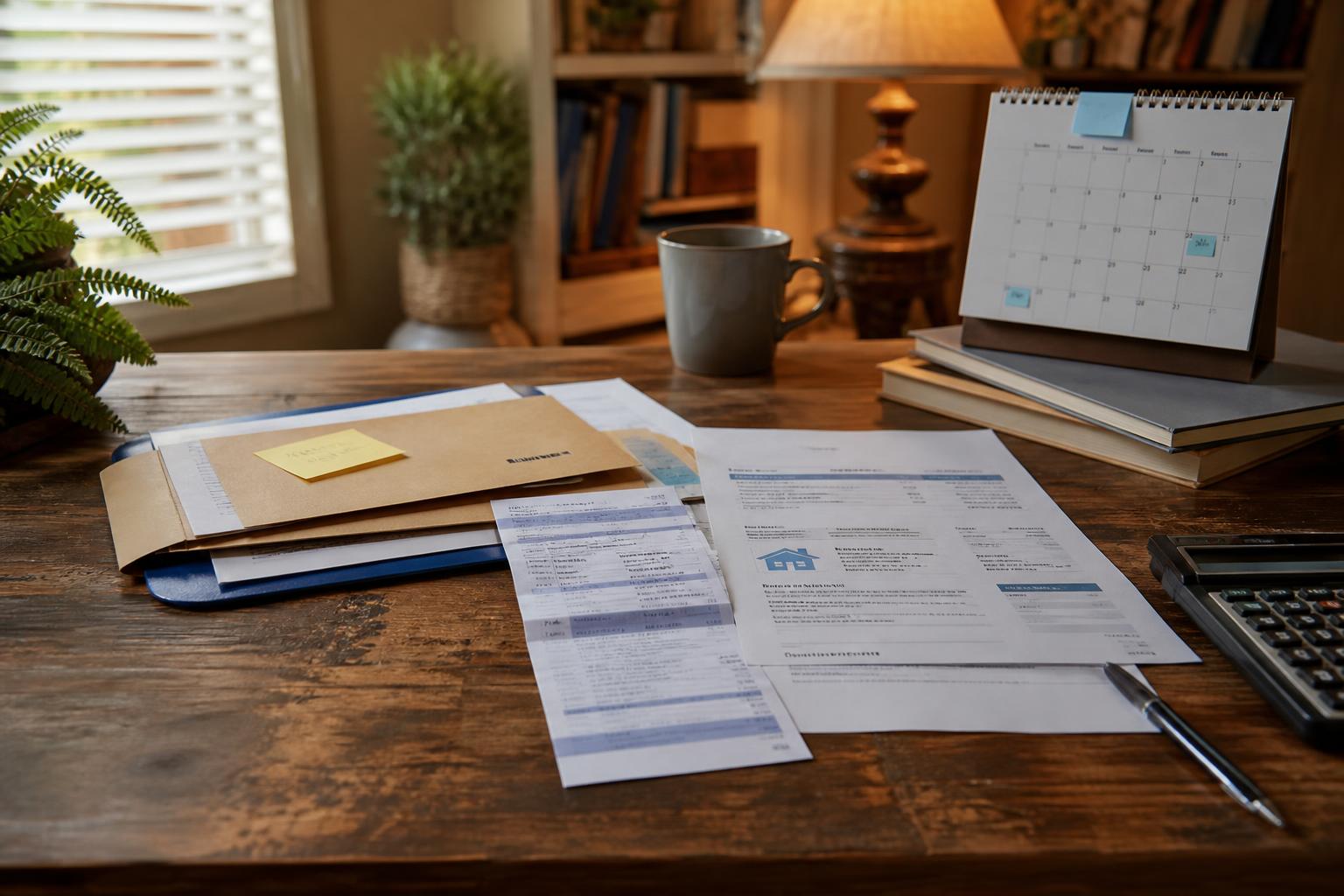 Bills, envelopes, calendar, mug, calculator, and pen sit on a wooden table