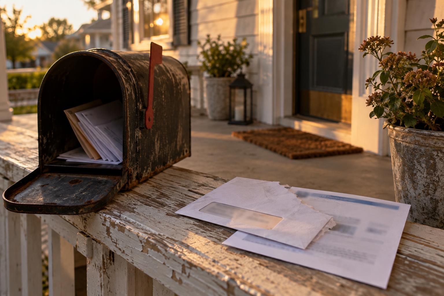 Mailbox with annuity payment notice and insurance envelope on a suburban porch.