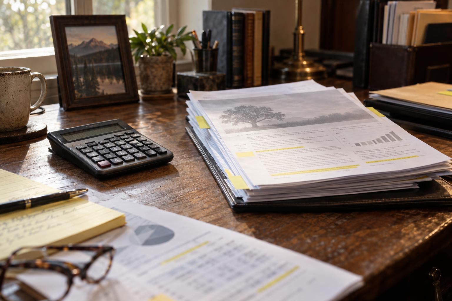 Desk with calculator, settlement agreement, and highlighted Berkshire Hathaway Life Insurance references.