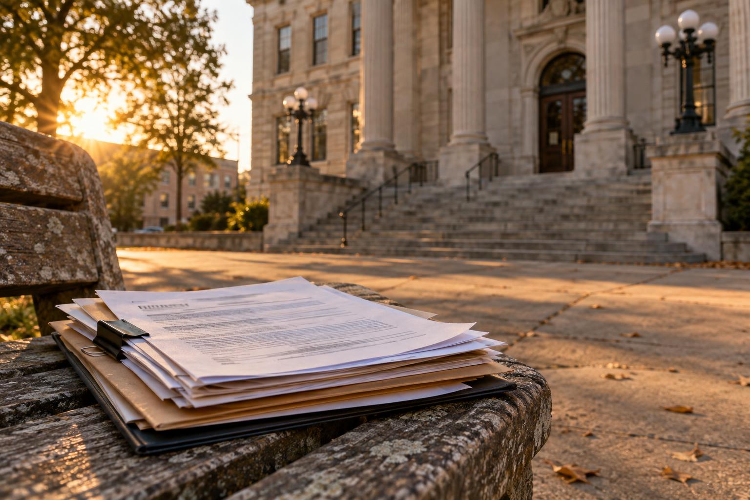 County courthouse exterior with structured settlement paperwork visible on a nearby bench.