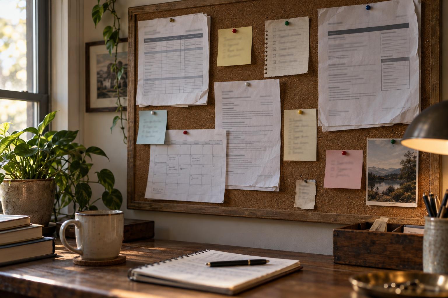 Home office bulletin board showing payment schedule, tax notes, and insurer documents.