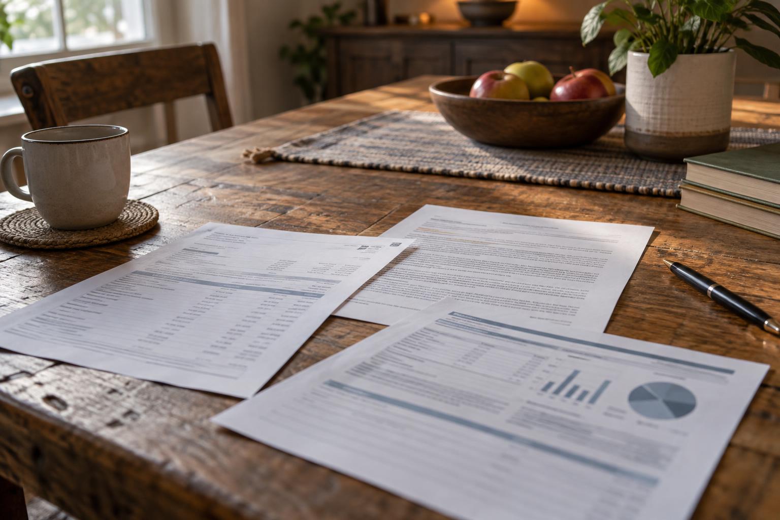 Bank statement, annuity contract, and monthly budget worksheet spread across a dining table.