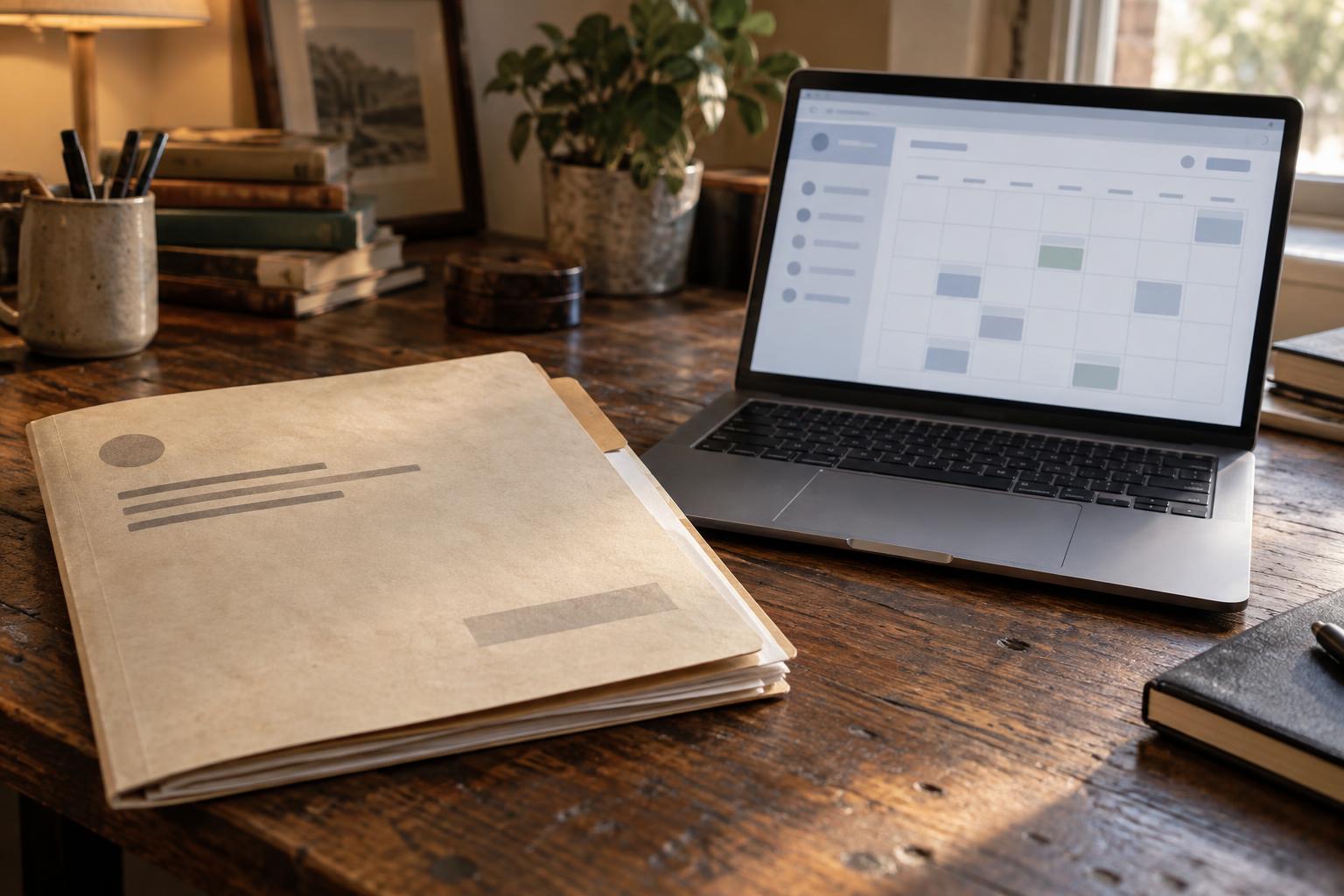 Insurance policy folder labeled structured settlement next to a laptop showing payment calendar.