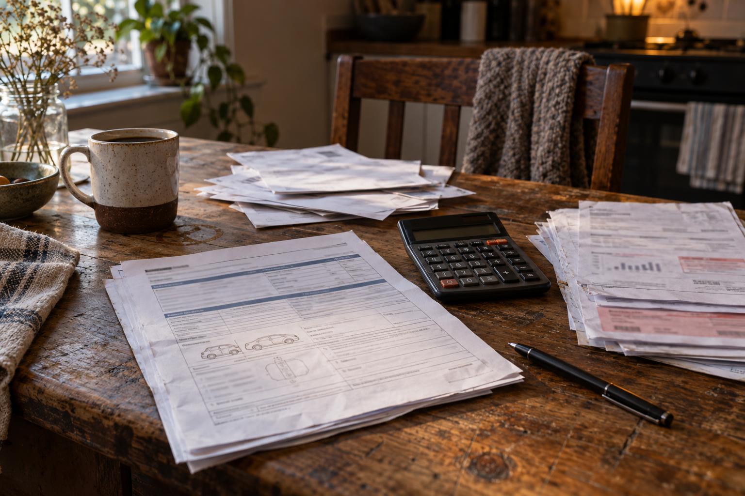 Kitchen table with accident report, insurance letters, calculator, and overdue utility bills.