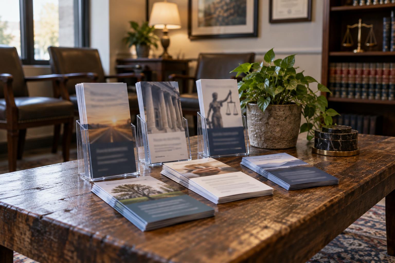 Law office waiting room table with brochures labeled lawsuit funding and settlement advances.