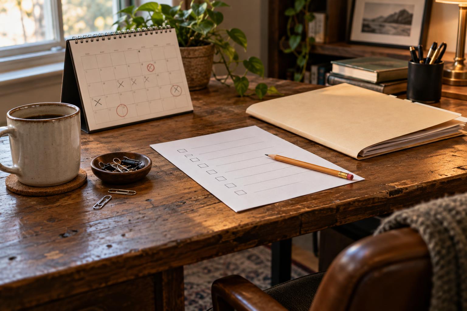 Home desk with calendar deadlines, legal folder, and pre settlement funding checklist.
