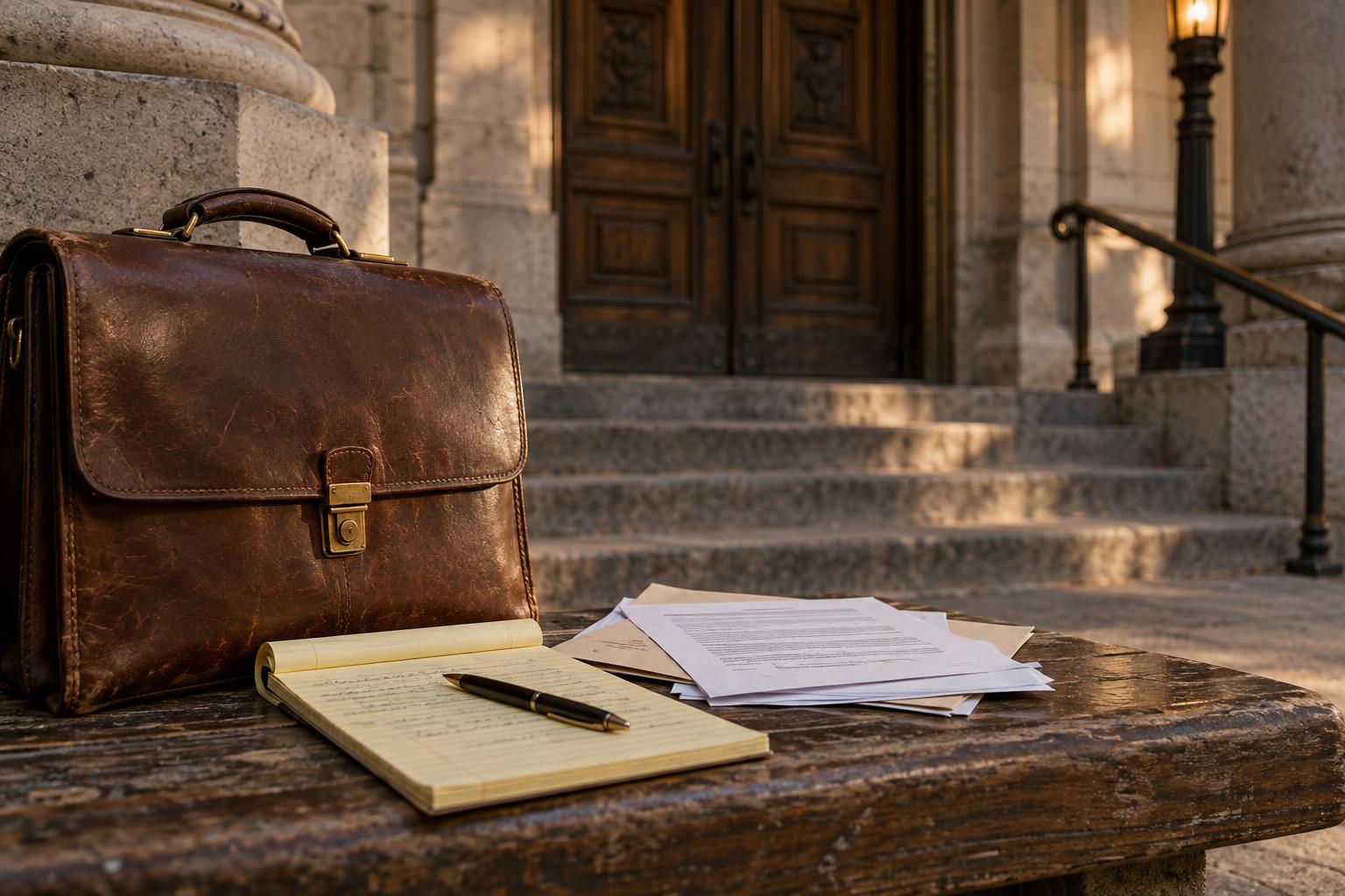 Closed courthouse entrance with nearby briefcase, legal pad, and funding company notes.