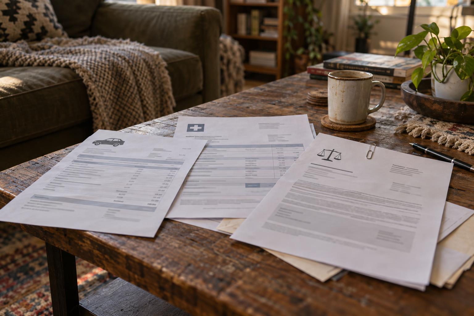 Coffee table with car repair estimate, hospital invoice, and lawsuit advance documents.