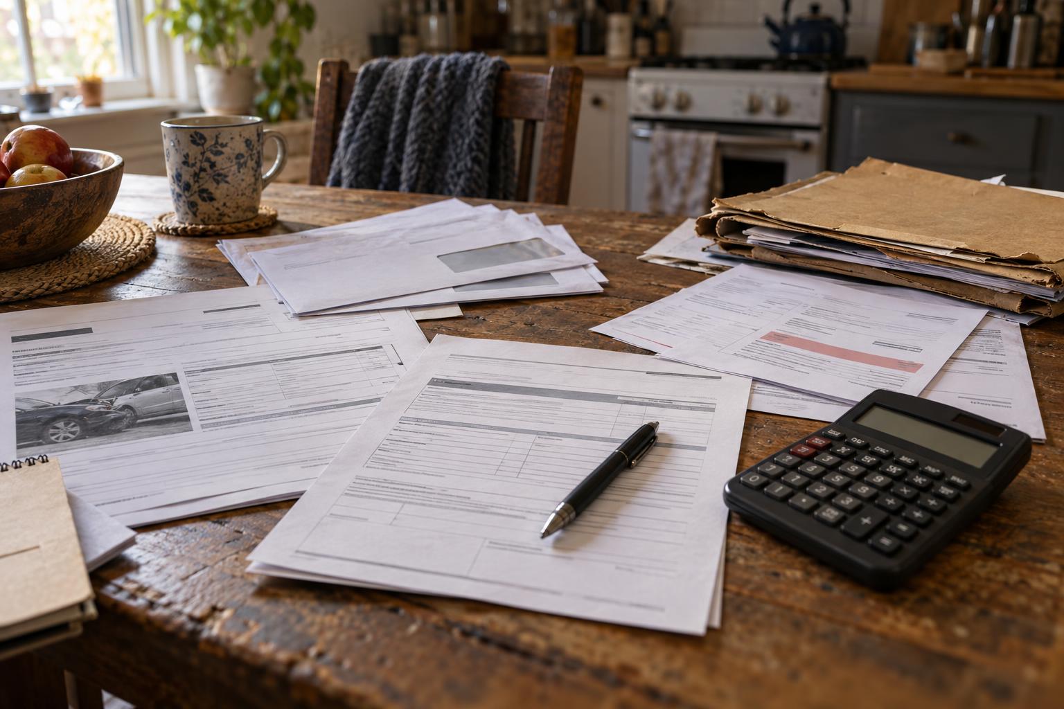 Kitchen table with accident report, insurance letters, calculator, and overdue utility bills.