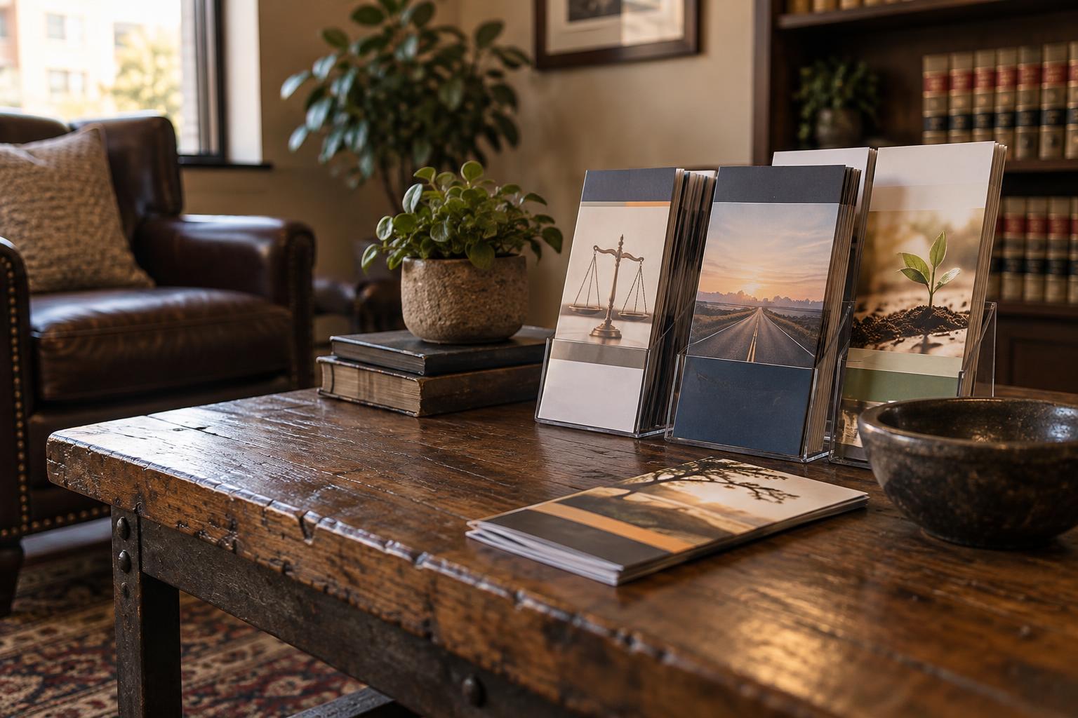 Law office waiting room table with brochures labeled lawsuit funding and settlement advances.