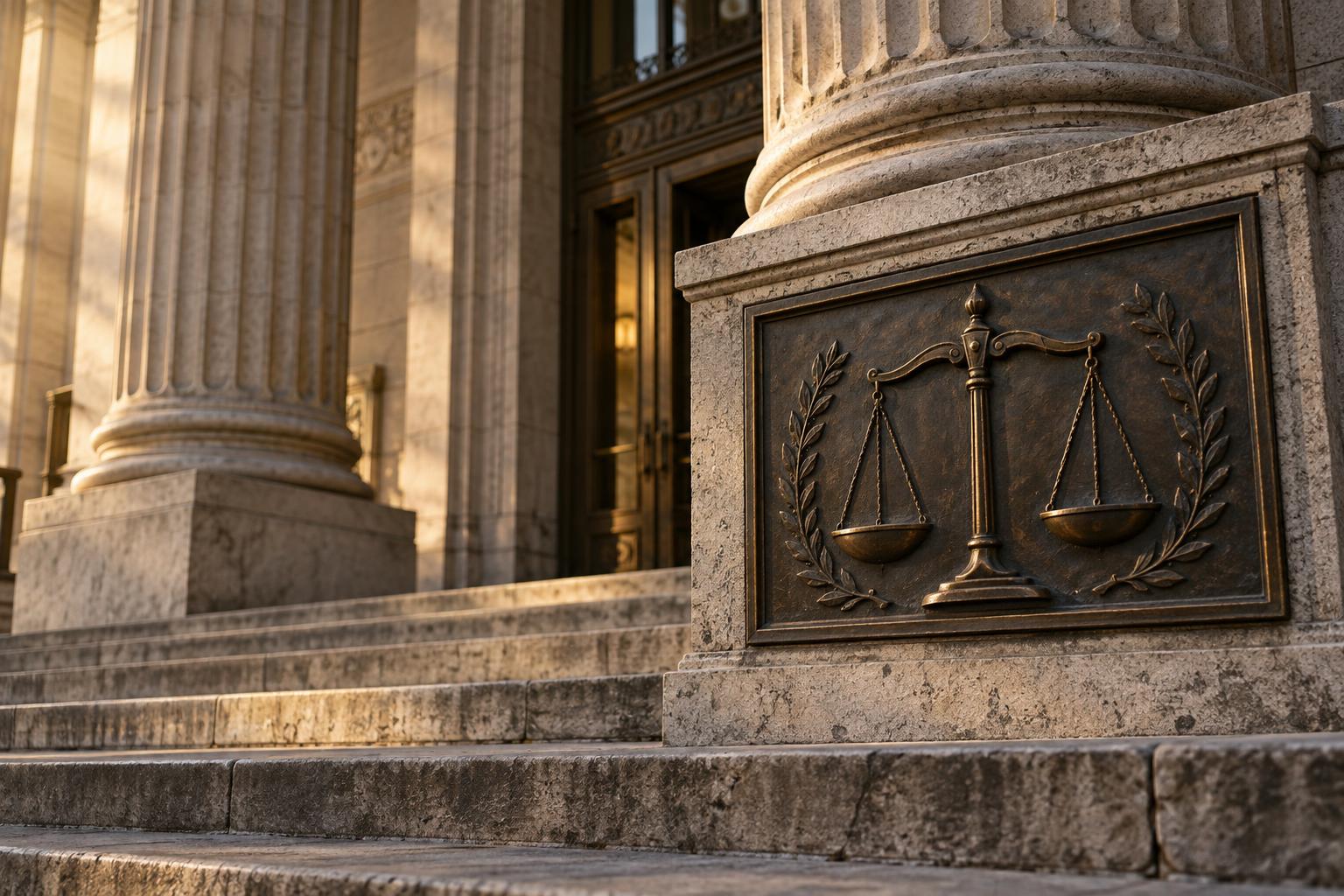 Courthouse steps with carved stone pillars and a bronze justice scales relief.