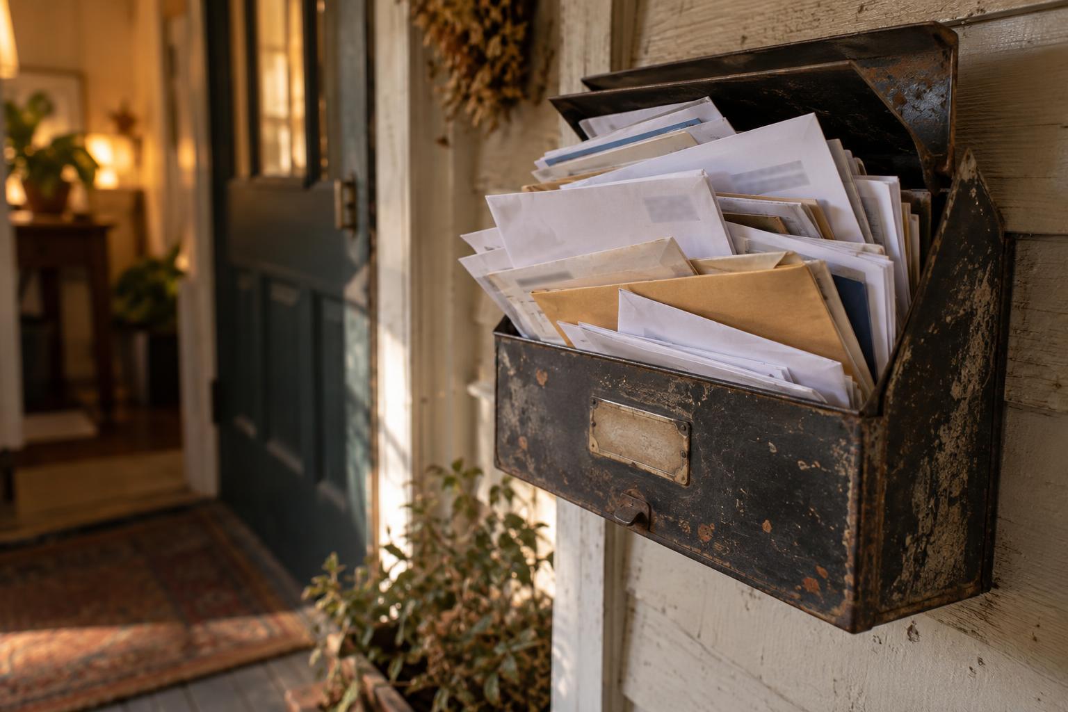 A mailbox overflowing with legal settlement claim forms and envelopes.