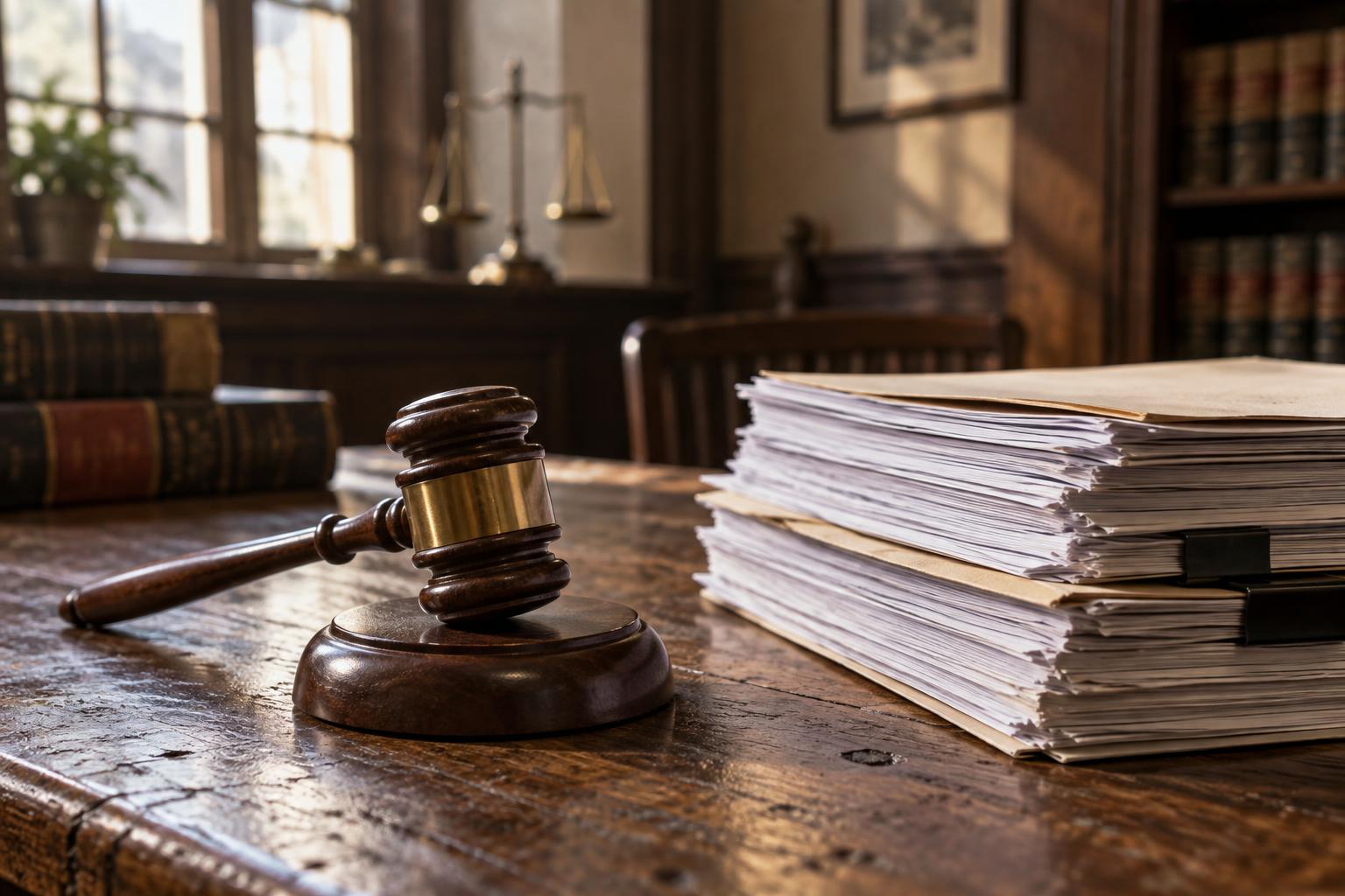 A gavel resting beside a thick stack of court filing documents.