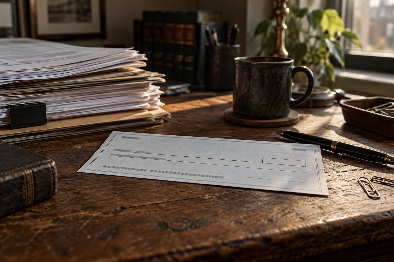 Pre-settlement funding check sitting on a desk next to legal paperwork.