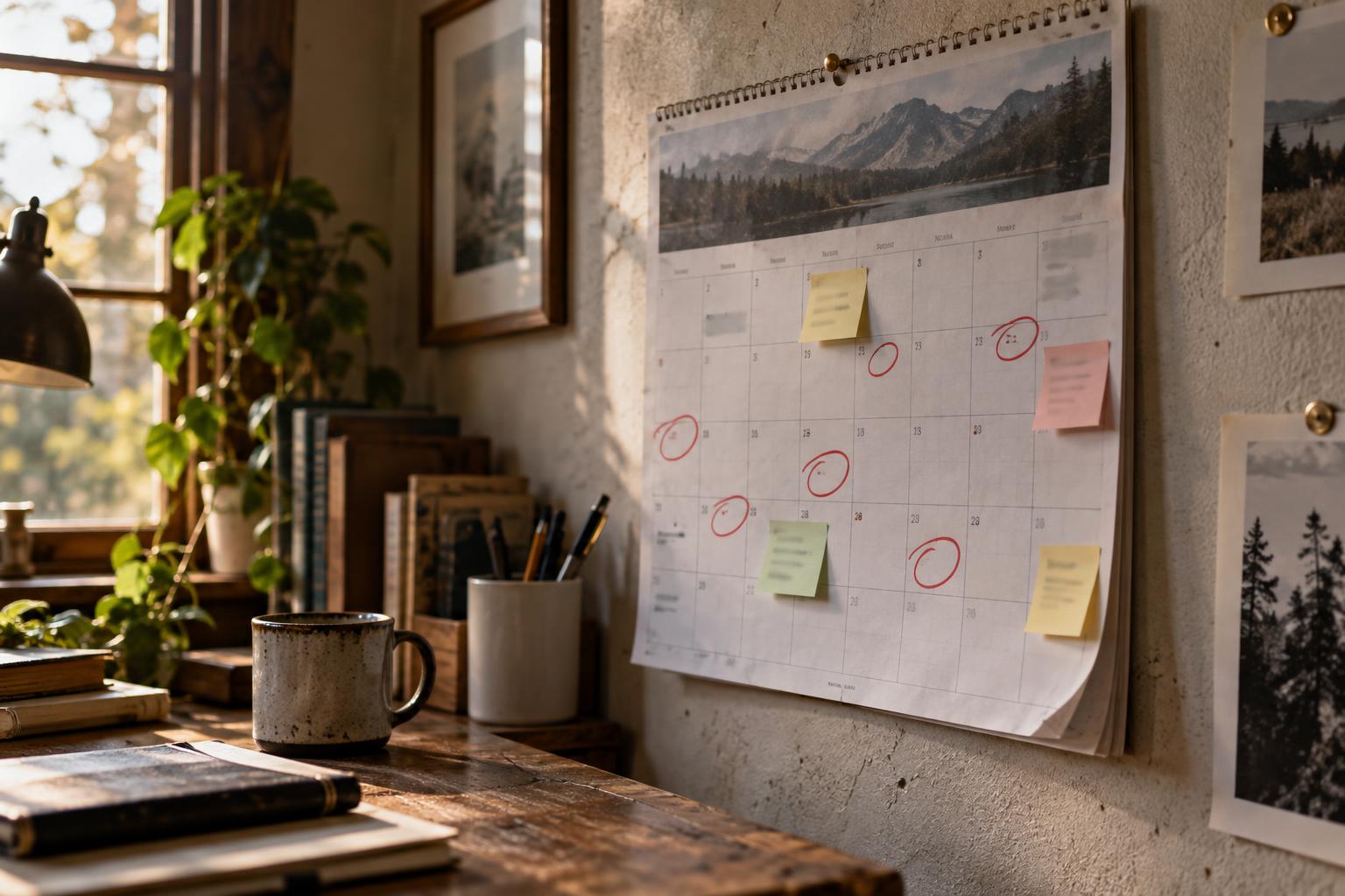 Wall calendar with circled court hearing dates and sticky note reminders.