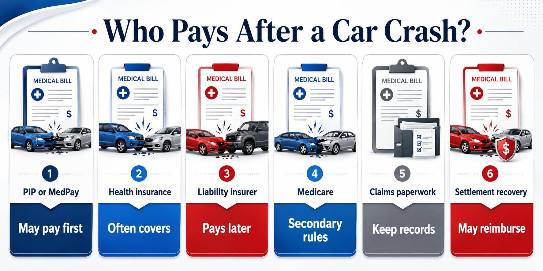 Who Pays After a Car Crash?: PIP or MedPay, Health insurance, Liability insurer.