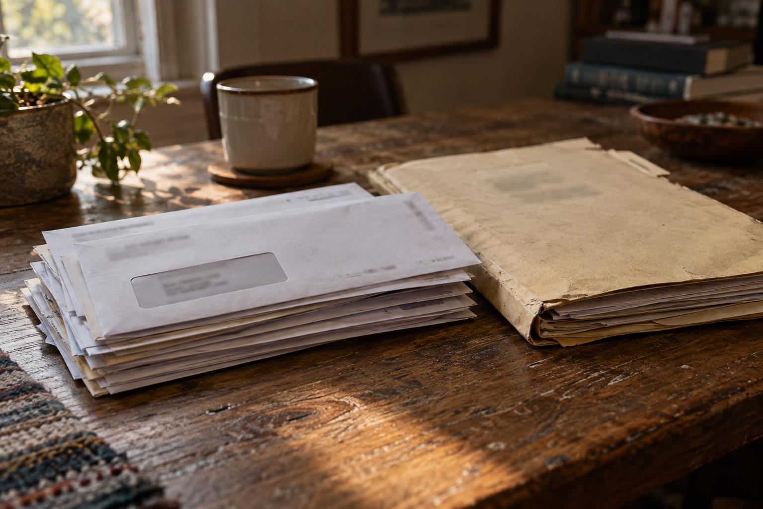 Unopened medical bills stacked near a lawsuit folder labeled pending claim.