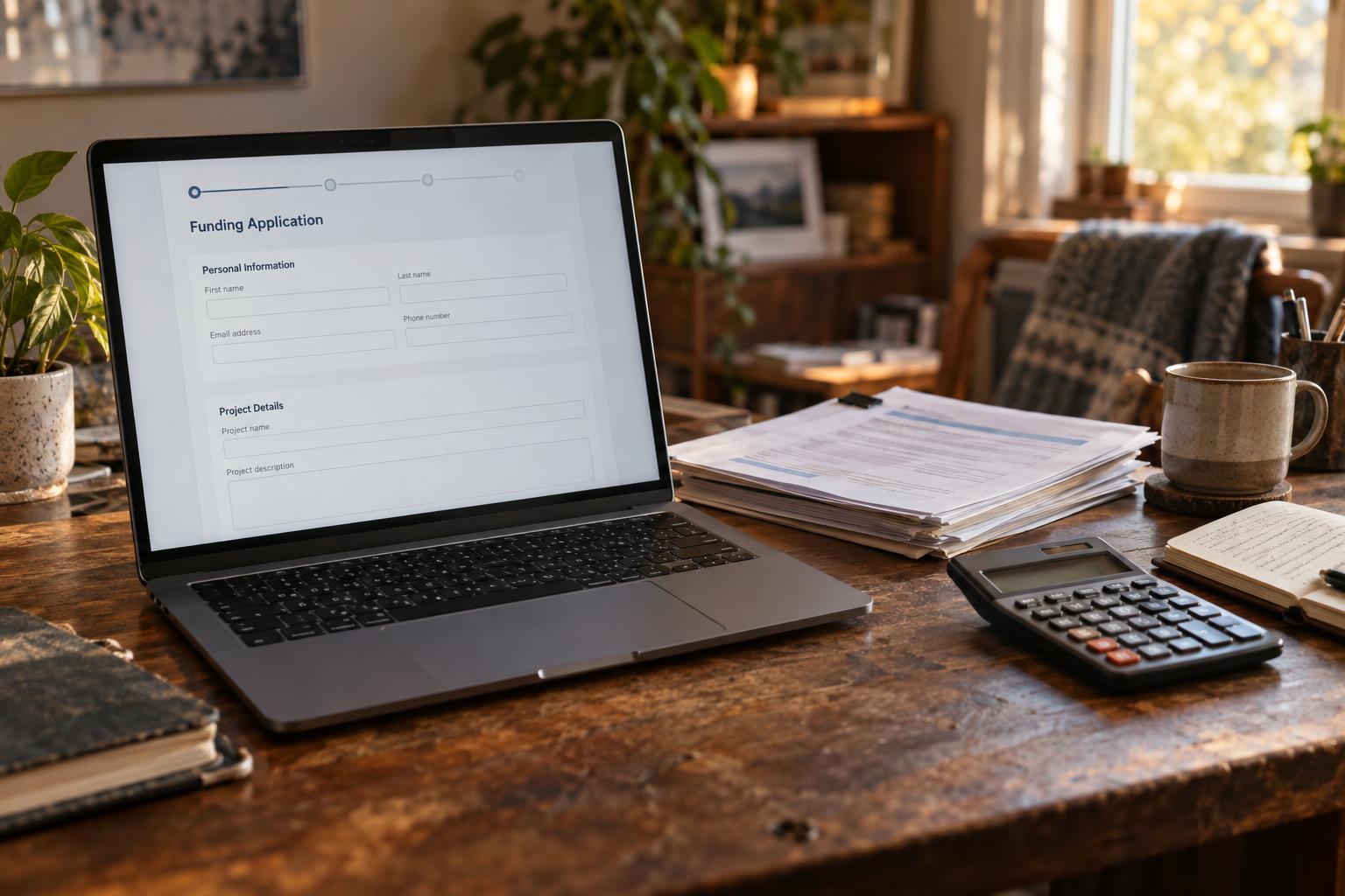 Laptop showing blank funding application beside insurance documents and calculator.