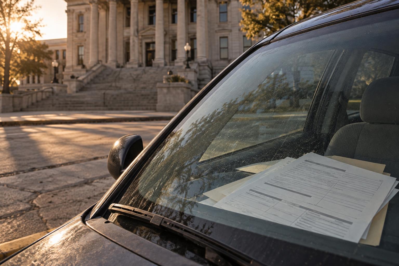 County courthouse exterior with lawsuit forms visible through a parked car window.