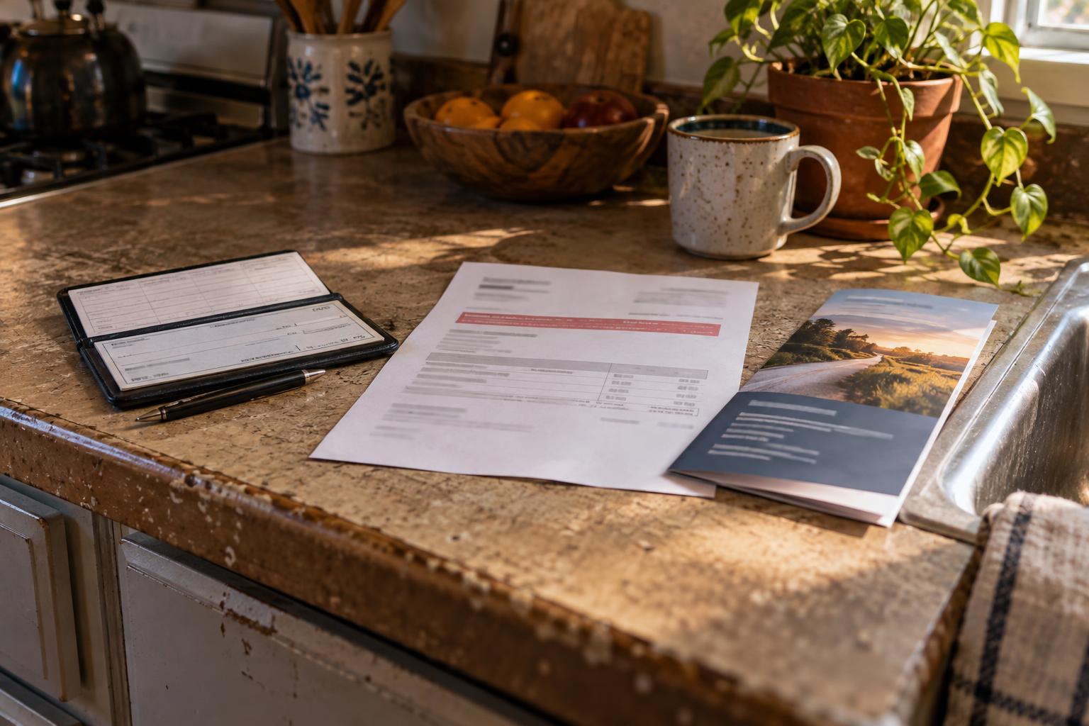 Checkbook, rent notice, and pre-settlement funding brochure on apartment counter.