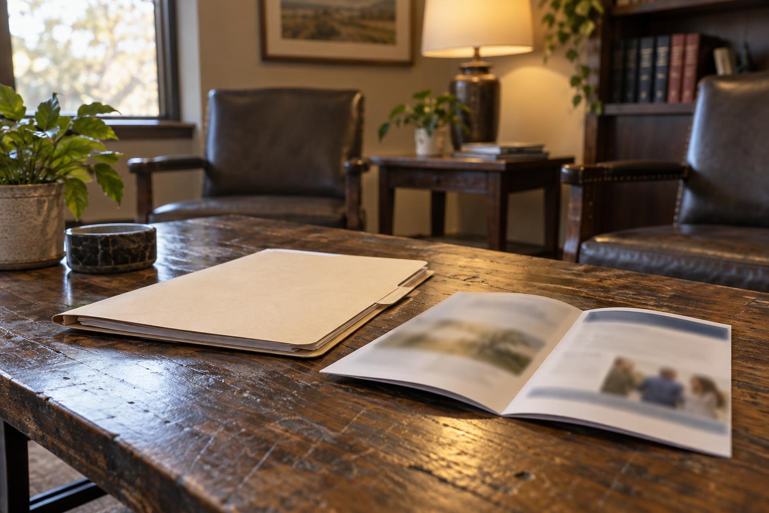 Attorney office waiting room table with case folder and structured settlement pamphlet.