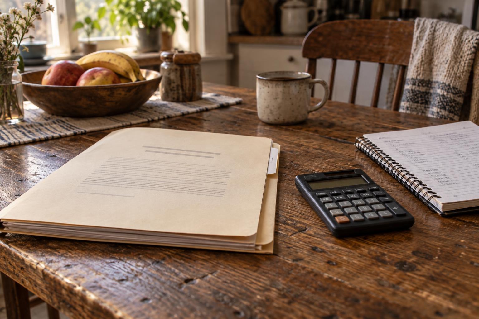 Structured settlement agreement folder next to a calculator and household budget notebook.