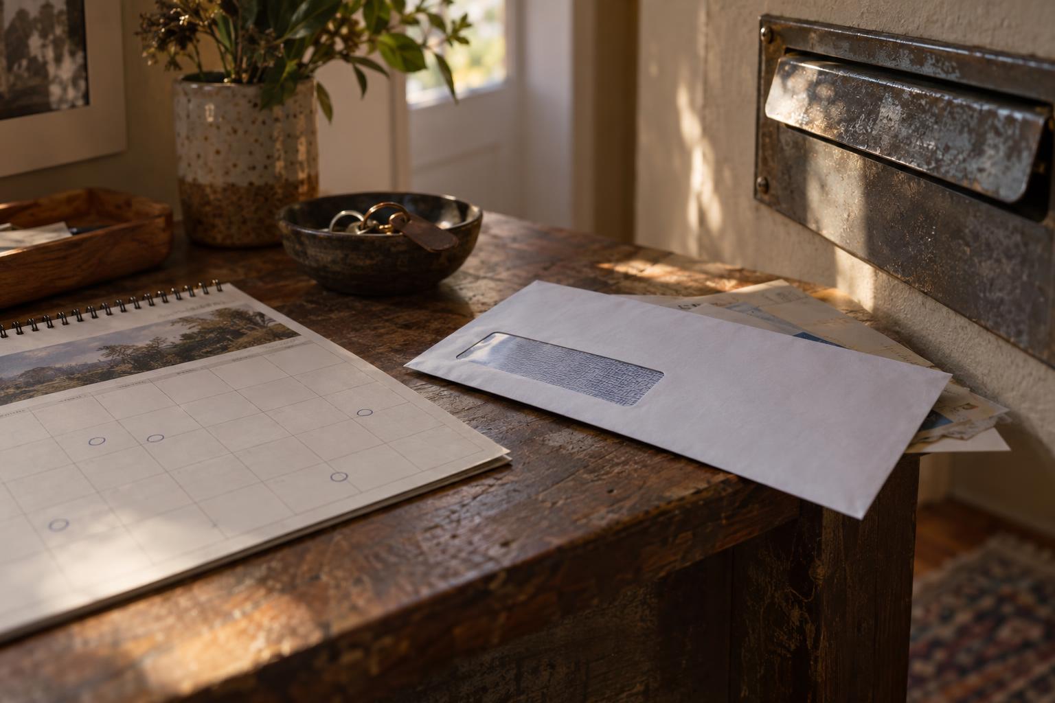 Mailbox with insurer payment envelope and calendar marked with recurring deposit dates.