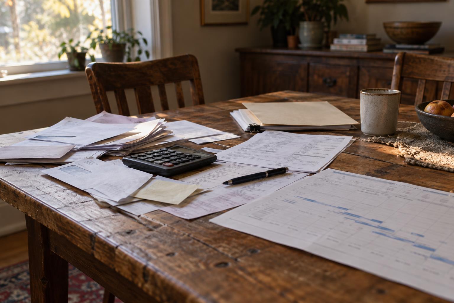 Dining table showing medical bills, settlement documents, and long-term payment timeline.