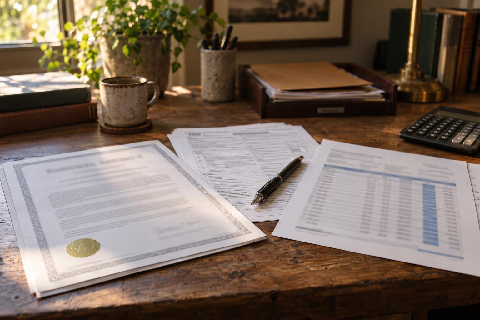 Home office desk with annuity contract, tax forms, and labeled payment schedule.