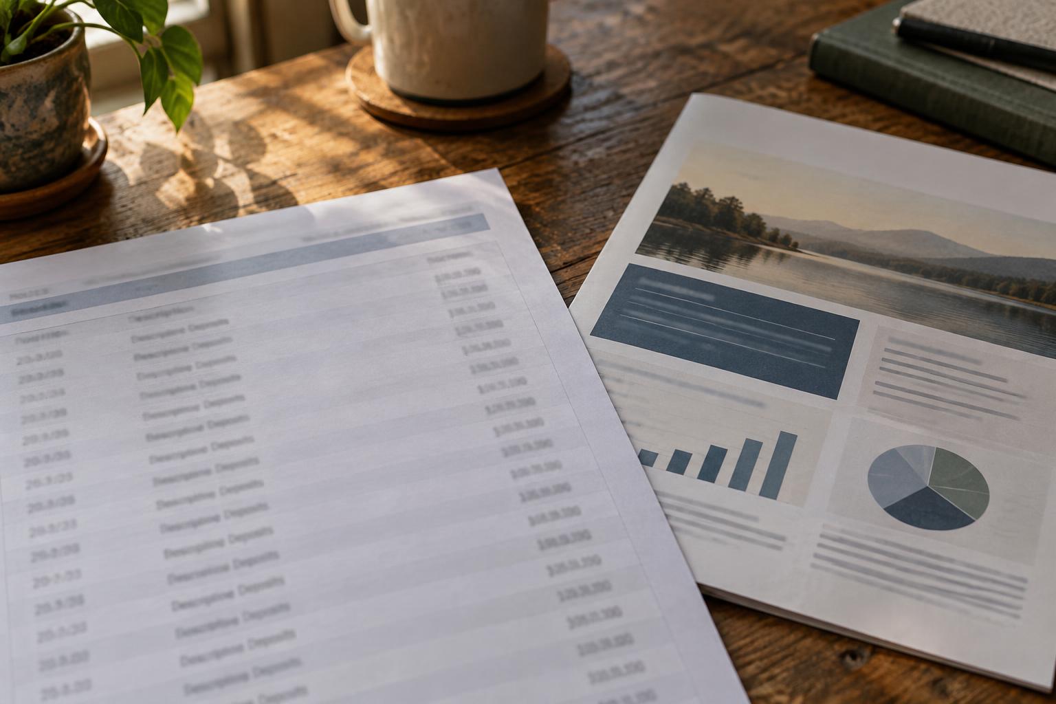 Bank statement printout showing recurring settlement deposits beside a structured settlement brochure.